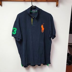 Men's XXL Custom Fit Ralph Lauren Polo Big Pony Navy Blue w/ orange & green acce